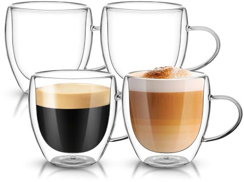 Dyserbuy 4 Pack Double Walled Glass Mug, Cappuccino Drinking Cups, Insulated Glass Coffee Cup with Handle, Perfect for Cappuccino, Latte, Espresso, Tea, Juice, Beverage (250ml/ 8.5oz)
