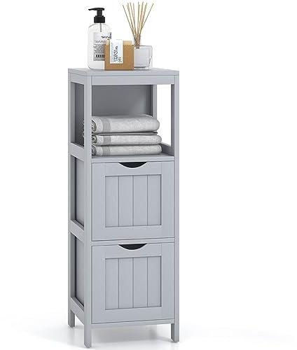 LIFEZEAL Armario Suelo de Baño, Armario de Baño con 2 Cajones, Mueble Independiente de Madera, Mini Armario Multifuncional con Estante Abierto, Armario de Esquina para Sala de Estar (Gris)