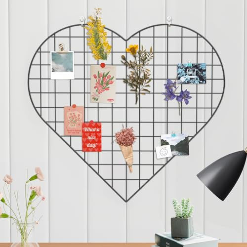 ECLENYES Grid Photo Wall Panels - 22.4x20.4 Heart Shape Iron Rack Art Wire Board, Wall Grid Organizer, DIY Photo Frame for Home, Office, Kitchen, Bedroom, Black