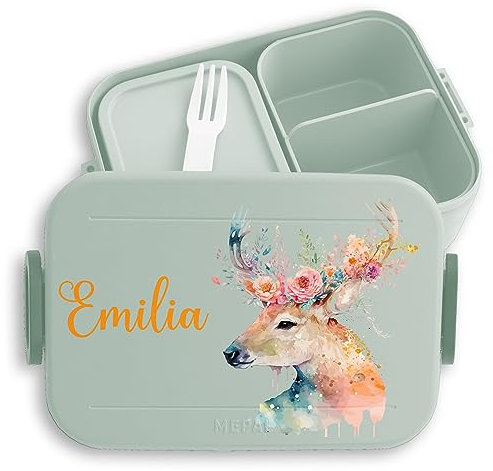 Kinder Bento Box Midi Lunchbox für Mepal Bentobox - Hirsch Geweihträger Geweih Hirsche Hirschmotiv - 900 ml - Sage Grün - waldtiere blumen brotdose waldtieren schulbox maple essen