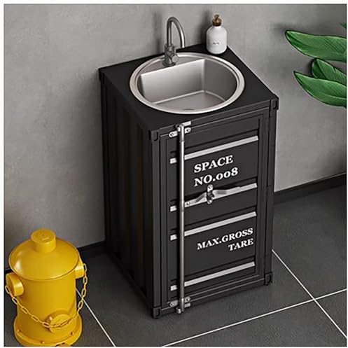 ZTGL Autoportante Mobile Lavabo, Stile Industriale Mobile Lavabo Esterno, Mobile Bagno con Lavabo in Acciaio Inox e Rubinetto, Lavandino A Colonna in Retro Ferro Battuto,Nero,Without Mirror