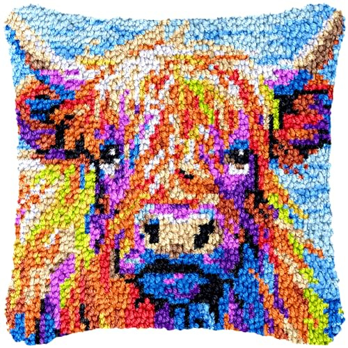 Generic Colorful Scottish Highland Cow Latch Hook Kits Pillow with Printed Canvas DIY Cushion Crochet Yarn Embroidery Hook and Latch Kit Pillowcase Christmas Soafa Decoration 43x43cm