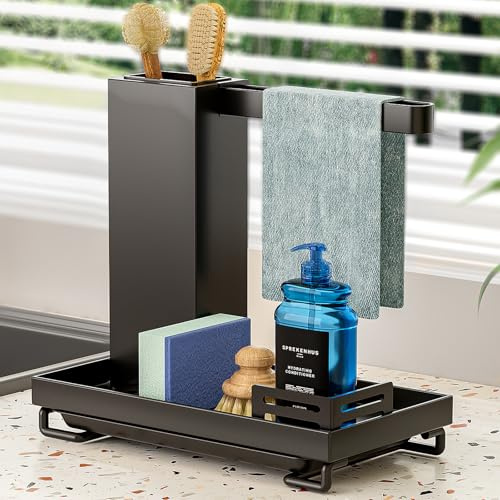PNNP Organizador grande para fregadero, color negro, refuerzo adicional, soporte para trapos de cocina, fregadero con escurridor, fácil instalación