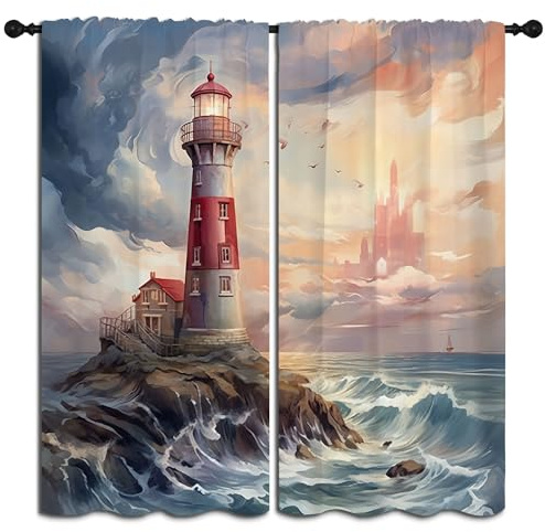 LHROOMJK Lighthouse Rod Pocket Blackout Curtains for Boy Girl Bedroom, Sunset Sea View Sailboat Waves and Seagulls Thermal Insulated Home Window Drapes for Living Room Darkening, 55x63 inch