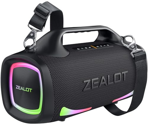 Zealot Altavoz Bluetooth Potente 100W con Luz LED, Altavoz Exterior Inalámbrico, Bluetooth 5.3 y IPX6 Impermeable, Sonido Estéreo para Fiesta, Entrada USB/AUX/TF, Negro