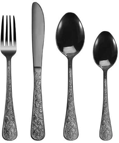 SHEUMNT 24-teiliges Besteckset im Schwarz Vintage-Stil mit Schnitzereien für 6 Personen, Edelstahlgeschirr mit Messer/Gabel/Löffel, Besteckset für Zuhause und Küche, Hochglanzpoliert