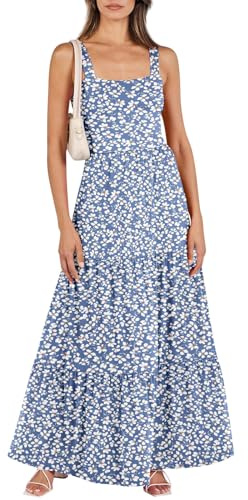 Ansenesna Gesmoktes Kleid Damen Lang Maxikleid Damen Sommer Elegant Volant Sommerkleid Breite Träger Kleider mit Taschen Strandkleid Frauen Sommerkleider Damen Leicht Und Luftig Volantkleider