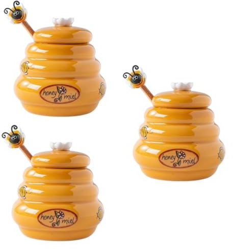 MAGICLULU 3sets Cute Honey Pot Ceramic Honey Jar Lids Airtight Food Storage Container Dispenser Kitchen Decorative Jar