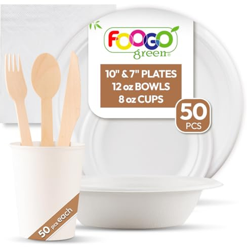 FOOGO Green 400pcs Disposable Sugarcane Fibre Paper Plates, Cups | Napkins &Wooden Cutlery Set, FSC® Certified, 50x Large, 50x Small Plates, 50x Bowls, 50x Cups, 50x Napkins, 50x Cutlery Set