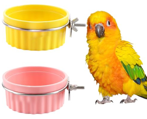 2 Pack Bird Detachable Bowl Plastic Food Cup Convenient Hanging Seed Water Feeder for Bird Parrot Canary Finch Parakeet Budgie Cockatiel Lovebird