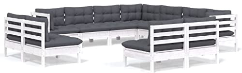 WEMYUFURN 11-TLG. Garten-Lounge-Set mit Kissen Weiß Massivholz Kiefer, Outdoor-Sitzgruppe, Terrassen-Lounge-Set, Garten-Couchgarnitur - Wetterbeständig, Komfortabel - für Terrasse, Garten und Balkon