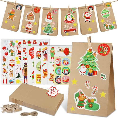 WenmthG 2024 Adventskalender zum Befüllen - 24 Advent Papiertüten mit Holzklammern, Weihnachtsaufkleber - DIY Adventskalender für Jungen Mädchen - Leere Weihnachtskalender zum Selbst Befüllen