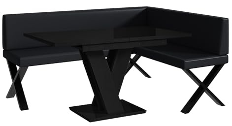 MEBLINI Eckbank für Esszimmer mit ausziehbarem Tisch - Küchenbank - Essecke - Sitzecke Küche - ERIC - X-Beine 128x168x87cm Rechts - Schwarz Kunstleder/M Schwarz Hochgl.