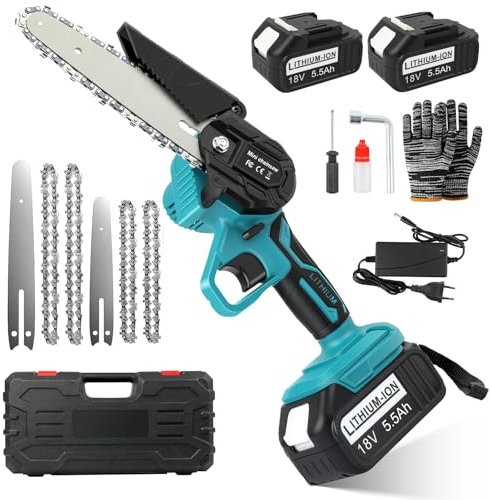KEATFE Mini Kettensäge 4&6 Zoll, Akku Kettensäge mit 2 5.5Ah Batterien Einhand-Kettensäge für den Mann mit Sicherheitssperre Handkettensäge zum Holzschneiden Baumbeschneiden