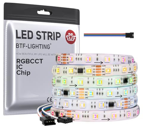 BTF-LIGHTING WS2805 SPI RGBCCT Adressierbarer Traum Farbe LED Streifen DC24V 5M 60LEDs/m RGB+Warmweiß+Kaltweiß 50Pixels Weiß PCB Lauflicht Effekt LED Band IP65 Wasserdicht DIY Dekoration(nur Streifen)