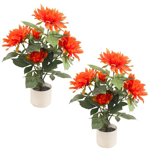 Lacers SMARAGDLINE künstlichen Dahlien 2er Set rot - 55cm künstliche Pflanzen dekorative kunstpflanze im Topf lebendige Farben wie echt wirkende Blätter & Blüten zuhause & Büro Frühlingsdeko