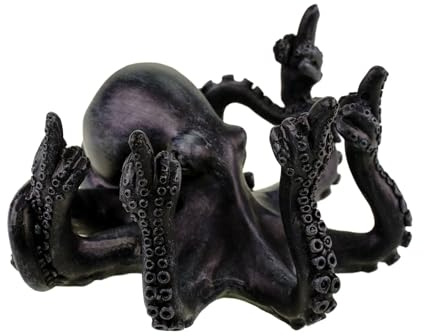 Kremers Schatzkiste Oktopus Figur Mittelfinger - Dunkelgrau Polyresin 15cm Krake - Handbemalte Deko Skulptur 15 cm - Geschenkidee Lustige Tischdeko Statue Büro Wohnzimmer Maritim