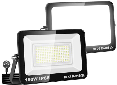 Willpower Faro LED Esterno 150W Faretti LED 3500K Bianco Caldo Con Spina | 2PCS Proiettore LED 15,000lm, Impermeabilità IP66, Luce per Giardino Garage Cortile Officina Patio Piazza