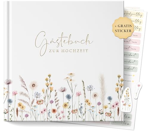 luftundliebe Gästebuch Hochzeit, Hochzeitsbuch, Vintage Hochzeitsgästebuch, Hardcover (Wildflowers/Gold, ohne Fragen)