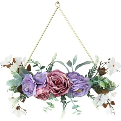 Rockreyoa Wandkranz Metall Deko Floral Wandkranz Künstliche Blumen Türkranz Mini Blumen Türkranz Trockenblumen Kranz Modern Frühlingskranz Osterkranz Vordertürkranz für Hochzeit Wohnzimmer Lila