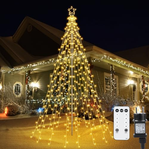 Joomer 568 LED Luci Albero di Natale con Anello e Stelle, 3.3M x 16 Luci Natale Esterno, 8 Modalità Bianco Caldo Catena Luminosa Esterno Natalizia Decorazioni Telecomando e Timer per Prato Feste