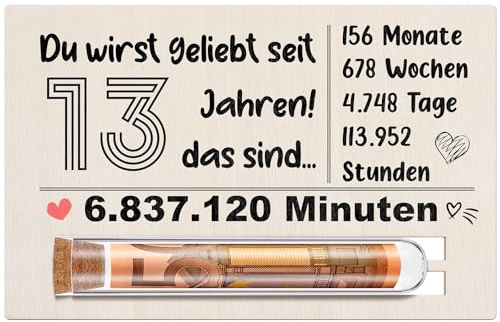 Otuuz 13. Geburtstag Geldgeschenk aus Holz mit Reagenzglas und Holzkarte | 13. Geburtstag Geschenk, für Mädchen Jungen