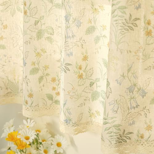 Moslovstar Farmhouse-Stufenvorhang aus Baumwollleinen, 92 cm lang, Elegante Florale Spitze, Fensterbehandlung, Küche, Badezimmer, kurzer Vorhang, 1 Paneel, Windspielblume auf Beige