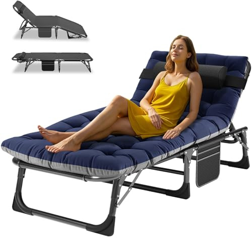 ZIKEBTUY Sonnenliege Klappbett Campingbett Gästebett klappbar liegestuhl 200KG Lastlager Gartenliege Mit Matratze Seitentasche und Kopfstütze Feldbett für Outdoor Indoor Garten Camping (Blau-BK)