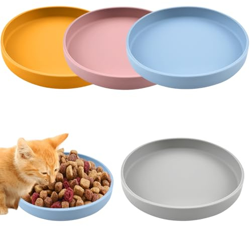 4 stycken kattskålar, matskål katt, tricolor kattskålar, 18 cm silikonskål bred kattskål, för torrfoder och våtfoder (blå, gul, rosa, grå)