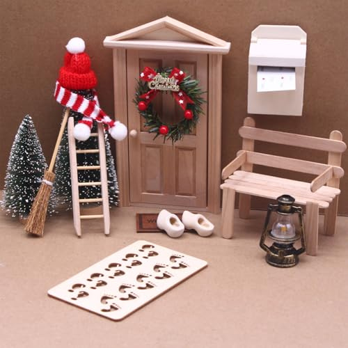 Satiskid Ensemble de porte de nain de Noël avec arbre de Noël, échelles, couronne de Noël, empreintes de pieds, accessoires de maison de poupée miniature, décoration de jardin miniature