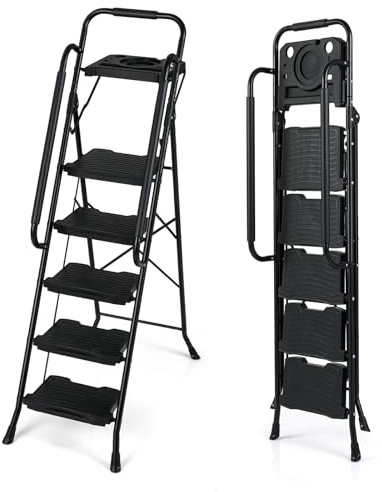 GOPLUS Escalera de 4/5 Peldaños Plegable con Bandeja Portaherramientas, Barandilla de Protección, Pedal Antideslizante, Capacidad 150 kg, Escalera Portátil para Jardín, Oficina, Negro (5 Peldaños)