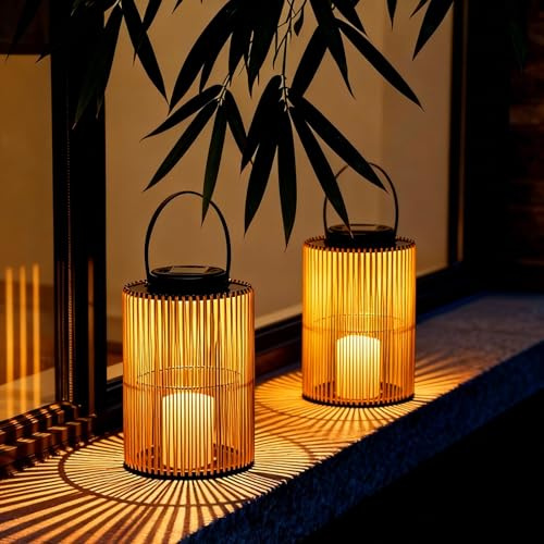 LEOKED 2 Pack Solar Lanterns Outdoor Waterproof, Imitation Candle Lantern in Boho Style for Garden, Backyard, Patio Decor, Birthday Gifts for Women Mom Grandma, Hanging Garden Lights for Outside