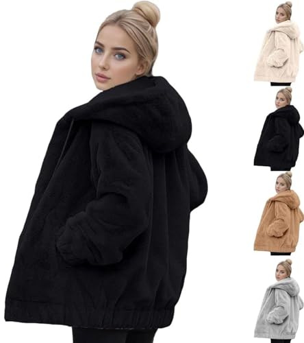 PAIDAXING Winter Fleece Jackets for Women UK Zip Up Fuzzy Teddy Coats Cozy Hooded Sherpa Cardigans Ladies Fluffy Oversized Drawstring Faux Fur Hoodies with Posckets Warm Solid Color Outwear