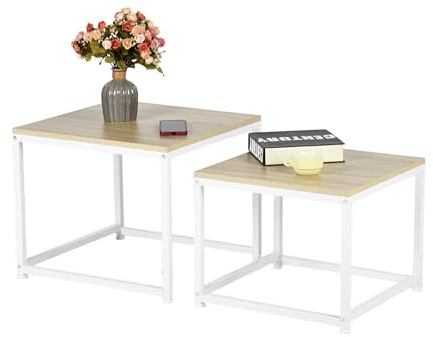 FURNITABLE Klein Couchtisch Set 2-TLG, Beistelltisch Eiche Metallgestell Quadratisch Modern Stapelbar 50 cm & 45 cm für Wohnzimmer Balkon Büro