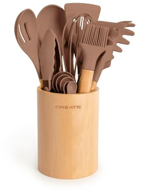 CREATE/Küchenutensilienset Mokka und Holz / 11 Utensilien, Silikon und Buchenholz, BPA-frei, hitzebeständig bis 230°C