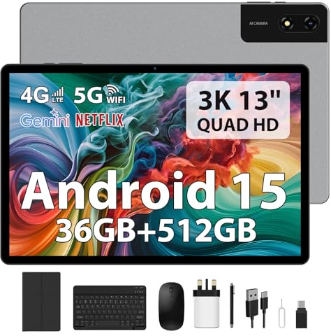 GAMORZE Tablet 13 INCH Android 15.0 Octa-Core 36GB RAM+512GB ROM (2TB Expandable), INCELL FHD 2944 * 1840, 4G LTE/5G WIFI/2.2GHz/13MP/11580mAh/GPS, Tablet with keyboard/MouseCase/Stylus-Gray