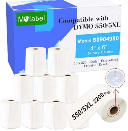 Etichette di spedizione - 10 rotoli (con chip RFID) per Dymo S0904980-4 x 6 (104mm x 159mm), compatibili con le stampanti Dymo LabelWriter 450, 550, 5XL - 220 etichette per rotolo