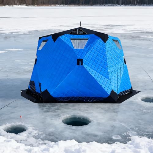 Vinterfisketält, isolerat popup-isfisketält, ishytta med 4-lagers oxfordtyg, vattentätt regnskydd, skorstensventil, ankare, rep, bärväska, isolerat och varmt stort fiskeområde Blue