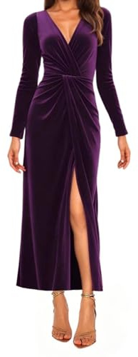 Minetom Robe Velours Femme Longue Hiver Élégante Col V Manches Longues Cérémonie Cocktail Mariage Soirée Fête Dress