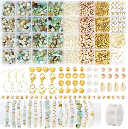 wokdsbl Naturstein Perlen Set Schmuckbastelset zum Armbänder Selbermachen | Mit Buchstabenperlen Holzperlen Goldperlen und Muschelelementen für DIY Armbänder Halsketten und Schmuck
