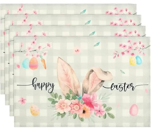 Gleemix 4 Stück Platzsets Ostern, Tischsets Abwaschbar, Oster Tischdeko, Happy Easter Platzsets Hase Blumen Frühling, Platzdeckchen Küche Tisch Dekoration, Drinnen Urlaub Party Deko 30x45cm