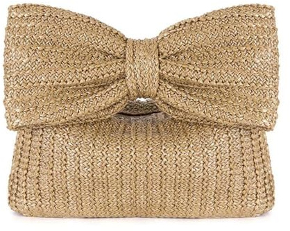 QKEPCY Bolso de Paja para Mujer Clutch de Verano con Lazo Tejido y Cremallera Monedero de Rafia Estilo Bohemio Bolso de Mano Casual para Playa y Viajes (Caqui)