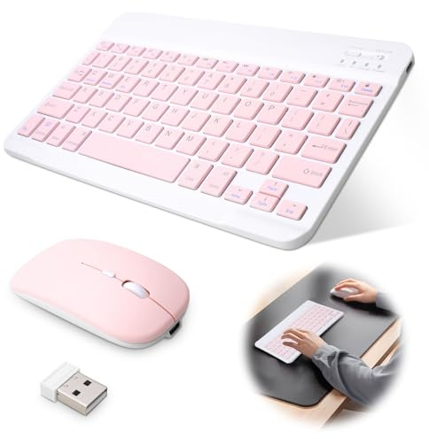 Wireless Bluetooth Keyboard and Mouse Set for ipad Tablet Phone Laptop | Rechargeable Ultra Slim Portable Mini Keyboard Silent Typing Combo, UK Layout Compatible with iOS Android Windows, Pink