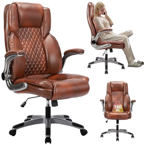 Bosmiller Bürostuhl Ergonomischer Chefsessel Bürostuhl 200 kg, Verstellbarer Rückenlehne, Hochklappbaren,Armlehnen, Schreibtischstuh Büro, Office Chair für Büro Computer Chefsessel, Braun