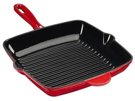 Cooks Professional 26cm Cast Iron Skillet Pan | Square Heavy Duty Grill Griddle Frying Pan with Enamel Interior | Oven Safe to 260°C, Induction & All Hob Compatible | PFAS, PFOA & PTFE-Free | Red