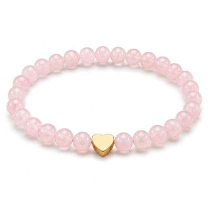 GD GOOD.designs Edelstein Armband mit 18K vergoldetem Edelstahl Herz | Perlenarmband Damen mit echten 6 mm Naturstein Perlen | Wasserfest | elastisch 15–19 cm | inkl. Schmuckbeutel