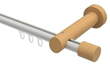 INTERDECO Innenlauf-Gardinenstange 20 mm, moderne Innenlaufstange aus Aluminium und Holz, Weiß mit Buche, zur Wandmontage, Typ 10210507, 120 cm