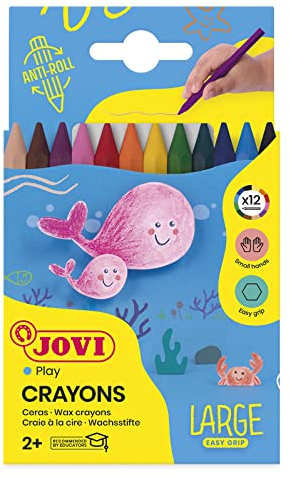 Jovi - Pastelli a Cera Large Easy Grip, Confezione da 12 Cere, Colori Assortiti, Alte Prestazioni, Ideale per i Bambini, Senza glutine (912)