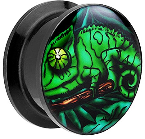 Piersando Ohr Plug Piercing Kunststoff Motiv Comic Picture Flesh Tunnel Ohrplug mit Chamäleon Iguana Grün Schwarz