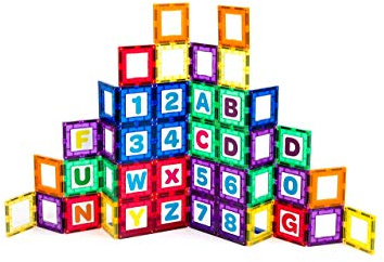 Playmags Magnetic Tile byggnad: Utbildnings Clickins - 36-Pc. Kit: 18 Super Strong Clear Color Magnet Tiles Fönster och 18 Bokstäver och siffror - stimulera kreativitet och hjärnans utveckling